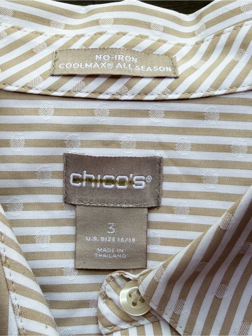 Chico’s No-Iron CoolMax All-Season Button-Down Blouse XL Beige White Stripe EUC - Picture 8 of 10